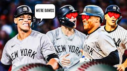 Aaron Judge on one side with a speech bubble that says "We're dawgs!", Juan Soto, Giancarlo Stanton, and Alex Verdugo on the other side with hearts in their eyes