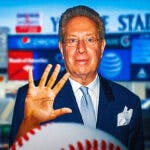 Yankees announcer John Sterling with Yankees stadium in background.