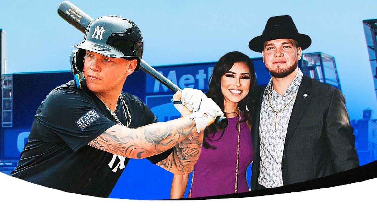 Yankees' Alex Verdugo hyped up, with a picture of him and his girlfriend Yamille Alcala on the side