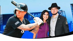 Yankees' Alex Verdugo hyped up, with a picture of him and his girlfriend Yamille Alcala on the side