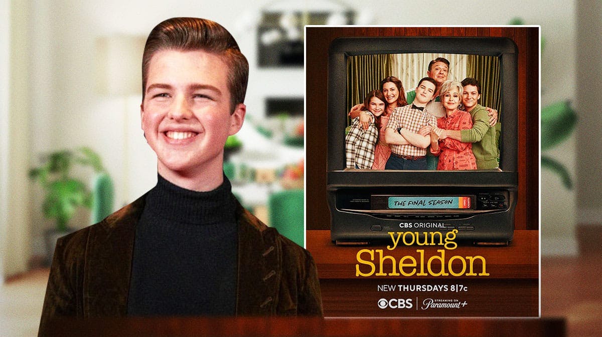 Iain Armitage next to Young Sheldon final season poster.