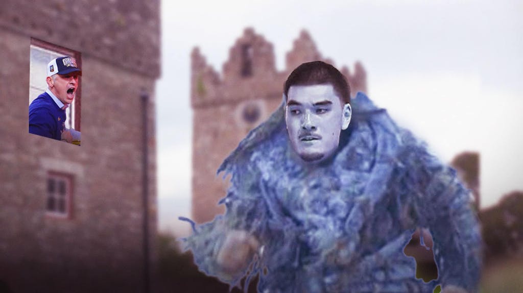 Zach Edey replacing a Game of Thrones giant's head with Dan Hurley is watching over inside a castle.