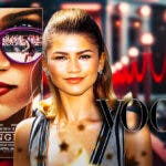 Zendaya, Challengers movie poster, and logo for Vogue