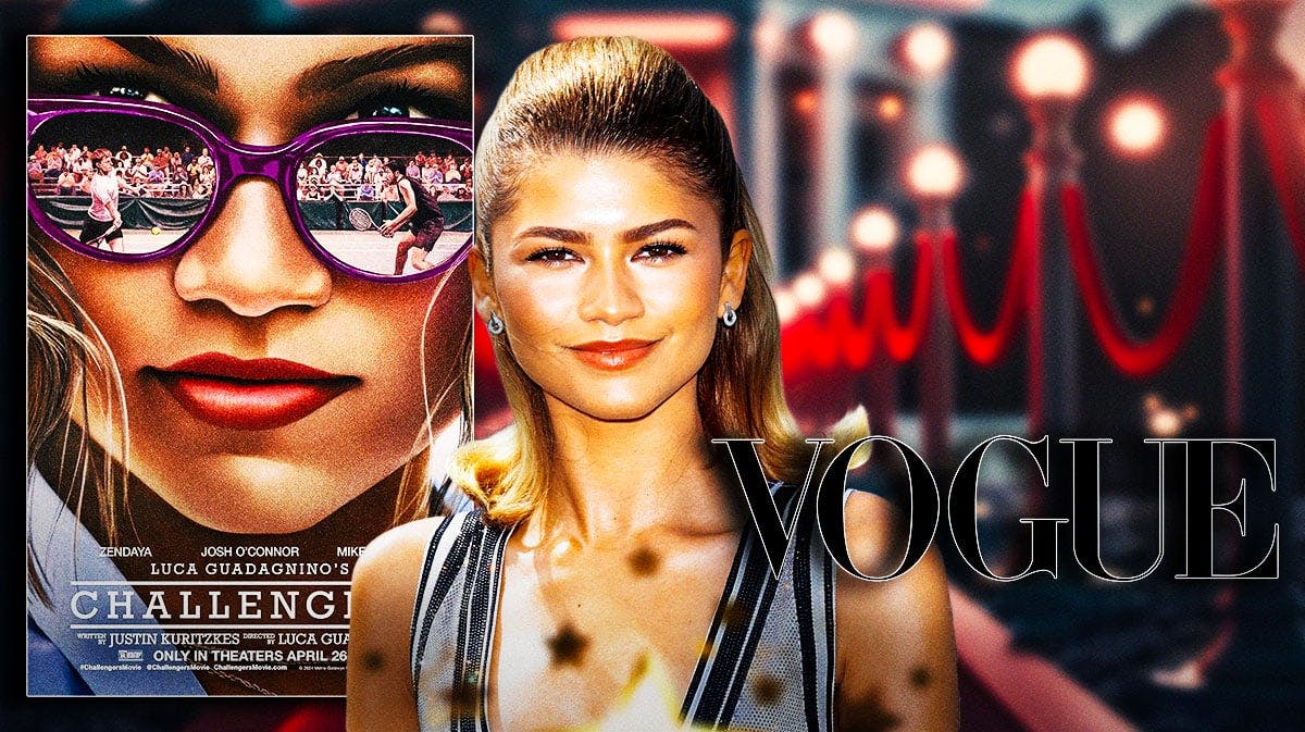 Zendaya, Challengers movie poster, and logo for Vogue