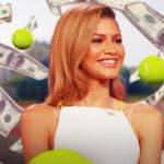 Zendaya with tennis balls and money around her