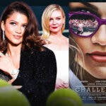 Spider-Man stars Emma Stone, Zendaya, and Kirsten Dunst with Challengers poster and tennis court background.