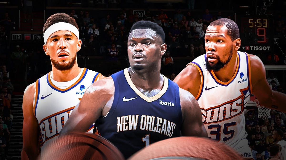 Pelicans' Zion Williamson with Suns' Devin Booker and Kevin Durant