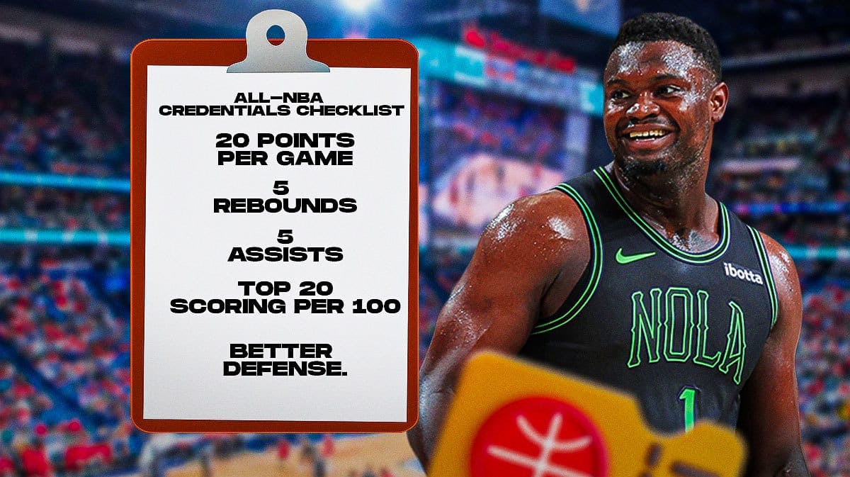 Zion Williamson checking off stats listed on an 'All-NBA credentials checklist' …those stats 20 points per game, 5 rebounds, 5 assists, top 20 scoring per 100, better defense.