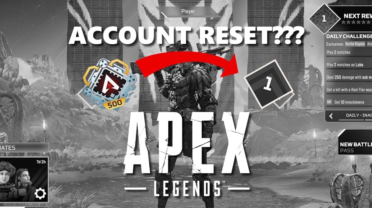 apex legends accounts reset, apex legends reset, apex legends glitch, apex legends account glitch, apex legends, a grayscale image of the apex legends lobby in the background with a level 500 icon and a red arrow pointing towards the level 1 icon with the words account reset above and the apex legends below in the foreground