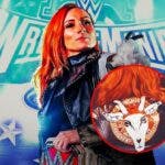 Becky Lynch with a picture of a goat on her shirt with the WrestleMania 40 logo as the background.