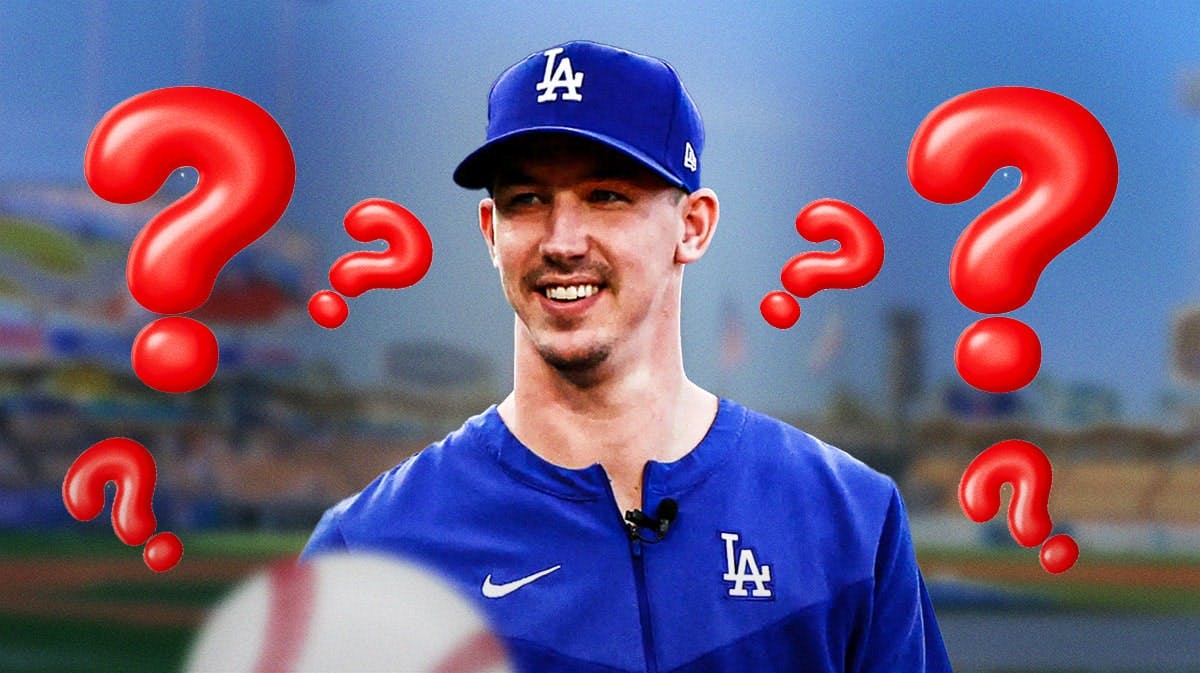 Walker Buehler in a Dodgers uniform with question marks all around him.