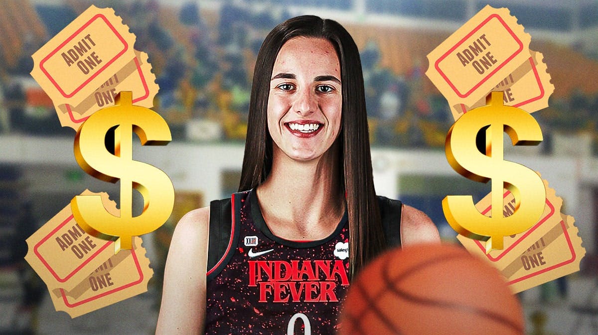 Indiana Fever player Caitlin Clark, in a Fever uniform, on a basketball court, with admission ticket emojis and dollar signs around her