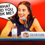 Caitlin Clark sitting at a press conference table looking serious. Have her asking the following question in a speech bubble: What did you ask me?