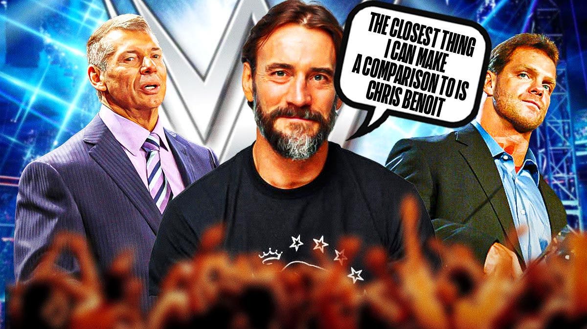 CM Punk with a text bubble reading “The closest thing I can make a comparison to is Chris Benoit” with Vince McMahon on the left and Chris Benoit on his right with the WWE logo as the background.