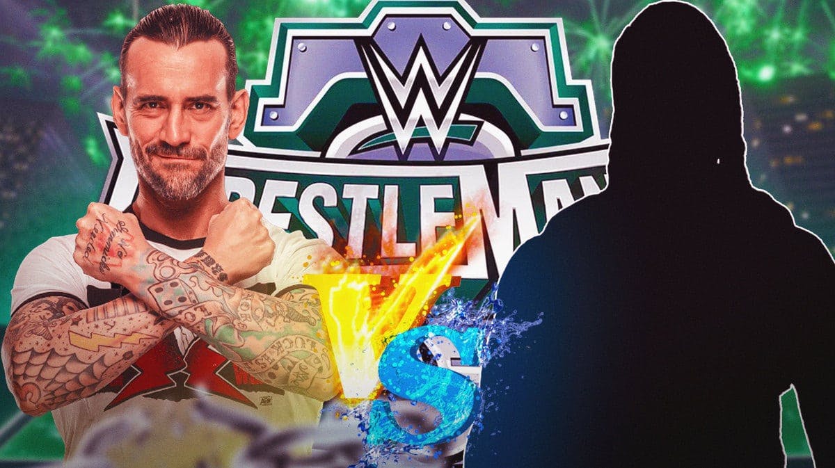 CM Punk on the left with a versus symbol in the middle and the blacked-out silhouette of Seth Rollins on the right with the WrestleMania 40 logo as the background.
