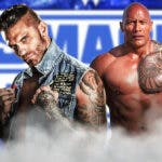 Corey Graves with a text bubble reading “Talk about presence and aura” next to The Rock with the SmackDown logo as the background.