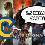 dragons dogma 2 sales, dragons dogma 2, dragons dogma 2 capcom, capcom, blurred key art for dragons dogma 2 in the background with the capcom logo in the foreground with a small image of the game's physical copy and a speech bubble with the text 2.5 million copies inside of it