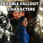fallout tv characters, fallout tv, fallout, fallout tv playable, key art for fallout 3 new vegas and 4 in the background with lucy maclean in the foreground and the words playable fallout tv characters