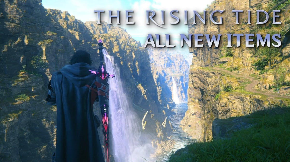 ff16 rising tide new items, ff16 rising tide items, ff16 rising tide weapons, ff16 rising tide armor, ff16 rising tide accessories, an ingame screenshot from the rising tide dlc with the words all new items under the dlc title