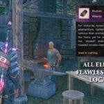 f16 eludium, ff16 flawless eludium, ff16 rising tide, ff16 eludium locations, f116 flawless eludium locations, an ingame screenshot of the blacksmith in Haven with the eludium tooltip on one side and the words all eludium and flawless eludium locations under it