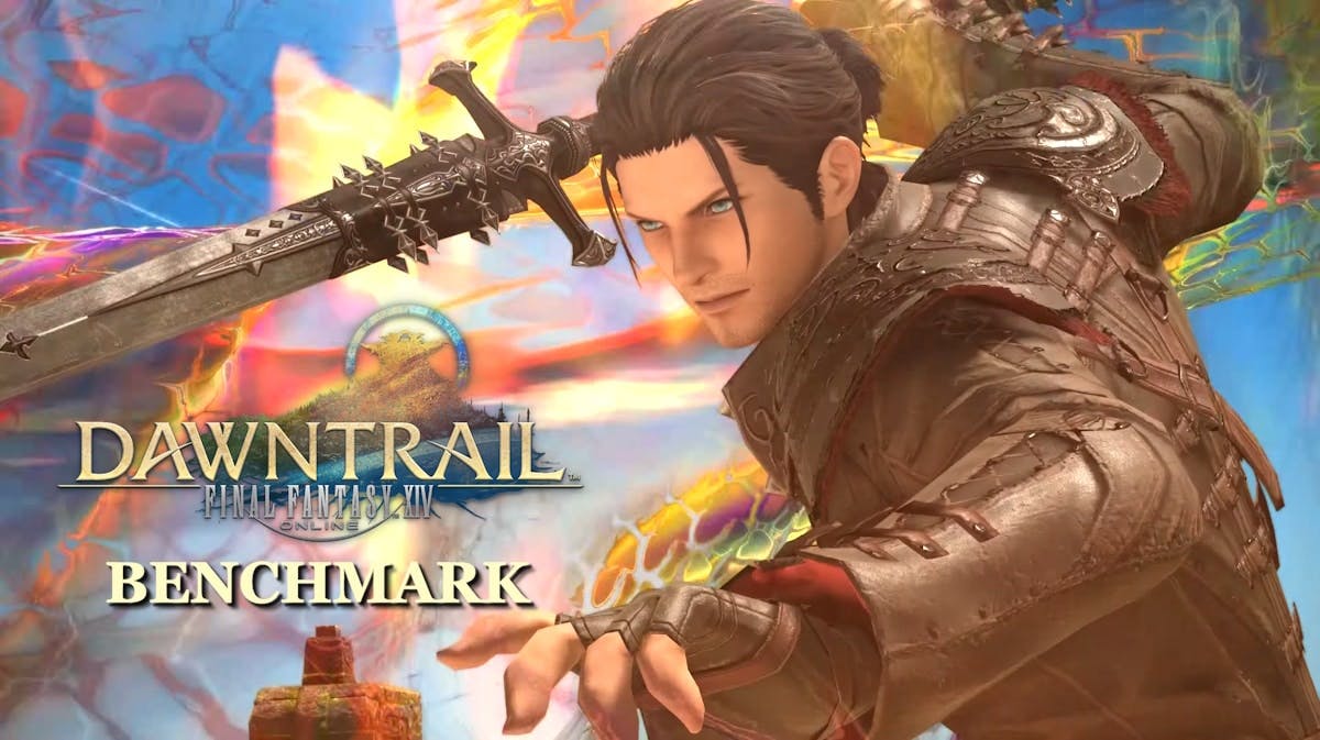 dawntrail benchmark, ffxiv dawntrail benchmark, ffxiv benchmark, dawntrail, dawntrail benchmark trailer, a screenshot from the dawntrail benchmark trailer featuring the warrior of light with the game logo on the left and the word benchmark under it