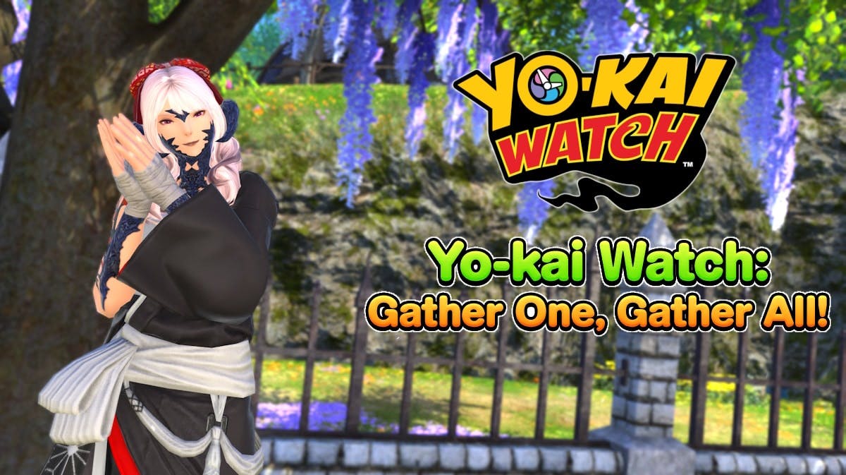ffxiv yokai, ffxiv yokai watch, ffxiv collab, ffxiv event, ffxiv, an ingame screenshot from ffxiv with the yokai watch logo on one side and the event title below it