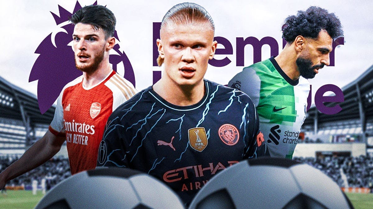 Erling Haaland, Mohamed Salah, Declan Rice in front of the Premier League logo