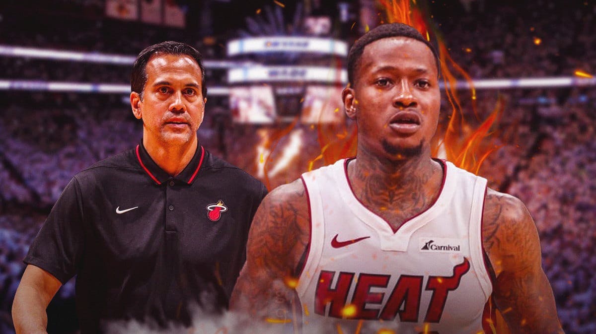 Miami Heat head coach Erik Spoelstra and star Terry Rozier as he's on fire in front of the Kaseya Center.
