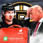 Andrew Peeke in image looking stern with first aid kit, Jim Montgomery in image looking stern, BOS Bruins logo, hockey rink in background
