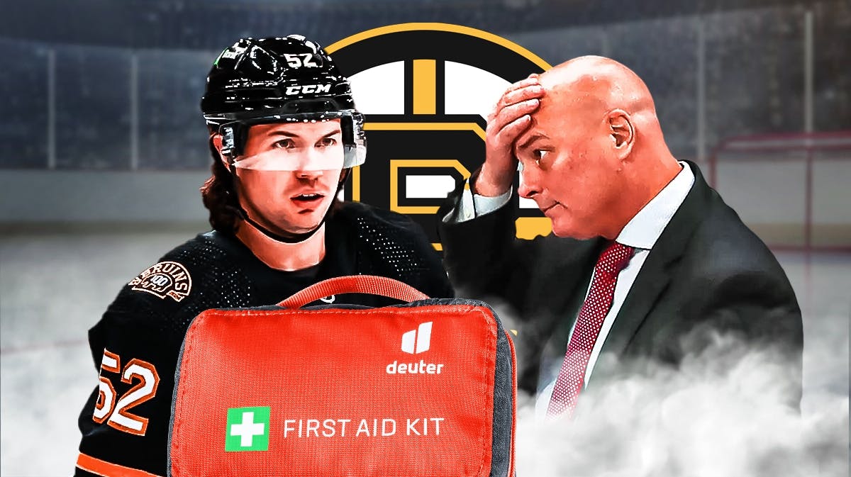 Andrew Peeke in image looking stern with first aid kit, Jim Montgomery in image looking stern, BOS Bruins logo, hockey rink in background