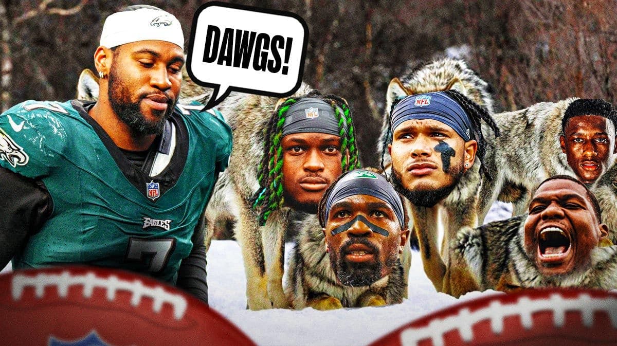 Haason Reddick looking at the following players faces on the bodies of fighting dogs (like wolves): Quinnen Williams, Jermaine Johnson, CJ Mosley, Quincy Williams, Sauce Gardner. Reddick is saying “Dawgs!” looking his new defensive teammates with Jets.