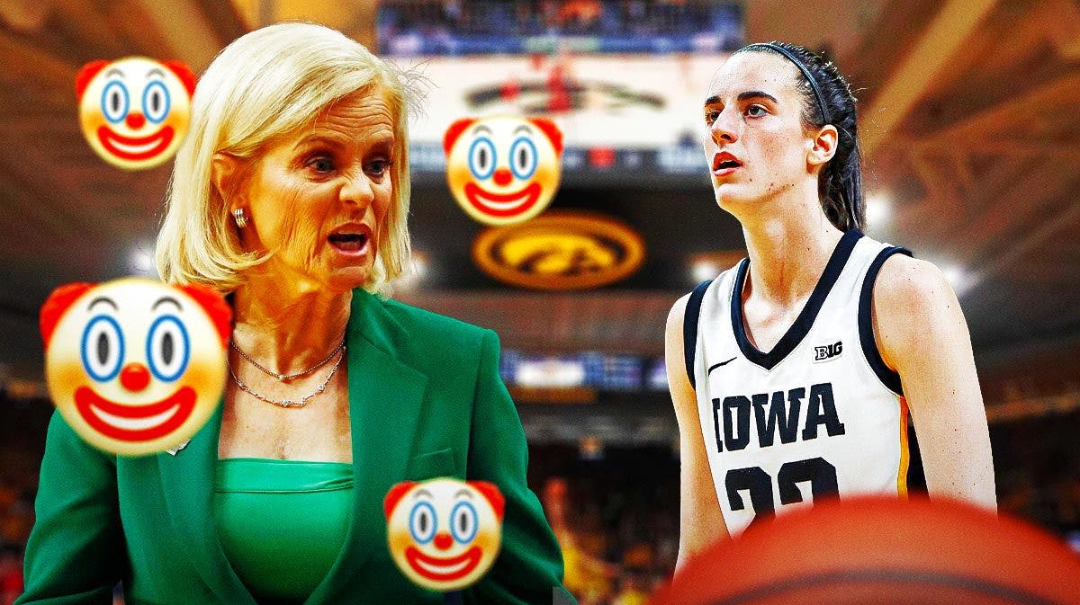 LSU women’s basketball coach Kim Mulkey, with a clown face emoji around her, and Iowa women’s basketball player Caitlin Clark off to the side