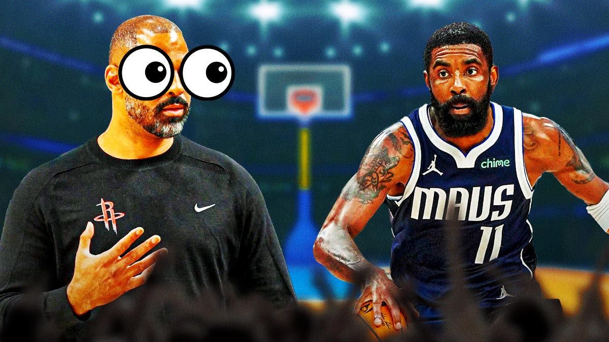 Rockets' Ime Udoka eyes popping out watching Mavericks' Kyrie Irving dribble a basketball.