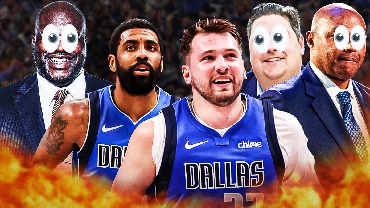 Mavericks' Luka Doncic, Mavericks' Kyrie Irving both in front. Shaquille O'Neal, Charles Barkley, and Brian Windhorst in background with eyes popping out looking at Luka and Kyrie.
