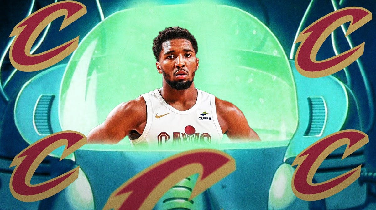 Donovan Mitchell in a medical tank from the Dragon Ball universe in Cavs colors featuring a Cavs logo.