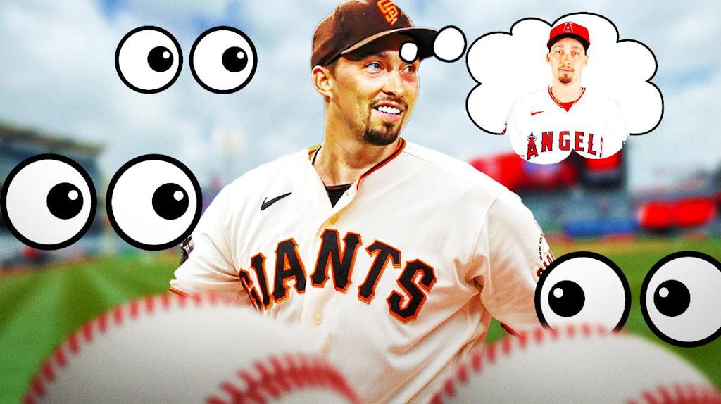 Blake Snell in a San Francisco Giants uniform with a thought bubble of Blake Snell in a Los Angeles Angels uniform, a bunch of the big eyes emojis in the background