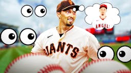 Blake Snell in a San Francisco Giants uniform with a thought bubble of Blake Snell in a Los Angeles Angels uniform, a bunch of the big eyes emojis in the background