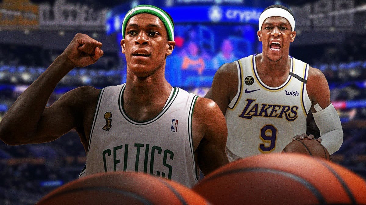 Rajon Rondo celebrating the Celtics championship in 2008 and with the Lakers in 2020