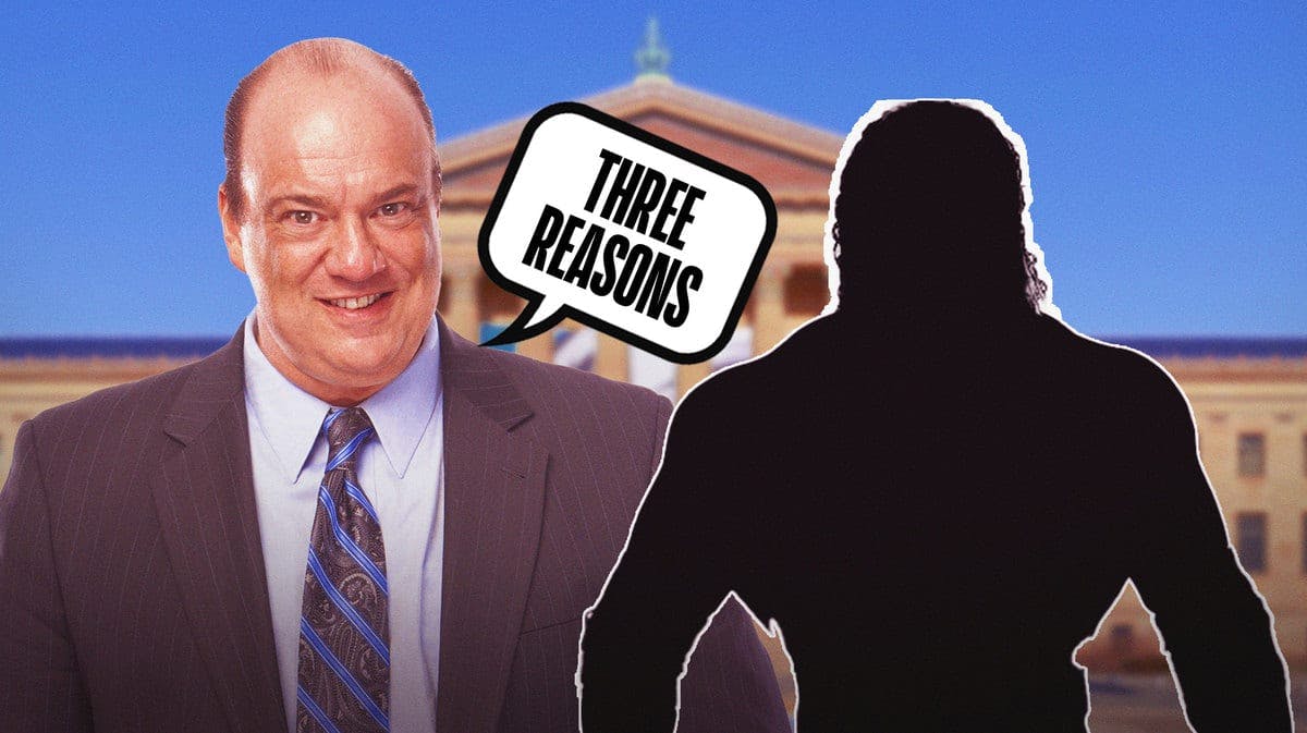 Paul Heyman with a text bubble reading “Three reasons” next to the blacked-out silhouette of Triple H with the Philadelphia Art Museum in the background.