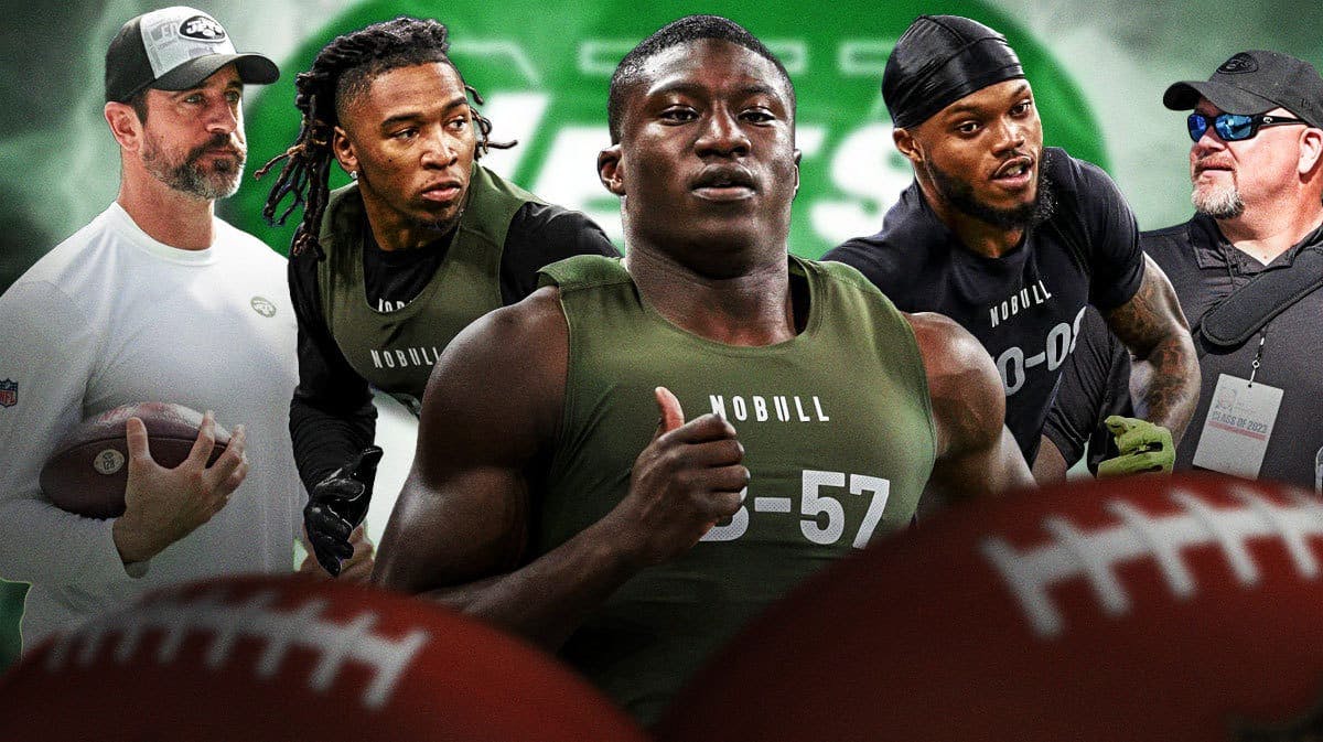 Kitan Oladapo, Troy Franklin, Jaylin Simpson in the middle, Aaron Rodgers and GM Joe Douglas around them, and New York Jets wallpaper in the background