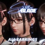 stellar blade earrings, stellar blade earrings unlock, stellar blade, stellar blade guide, a compilation of eve earrings from stellar blade with the game logo in the center and the words all outfits under it