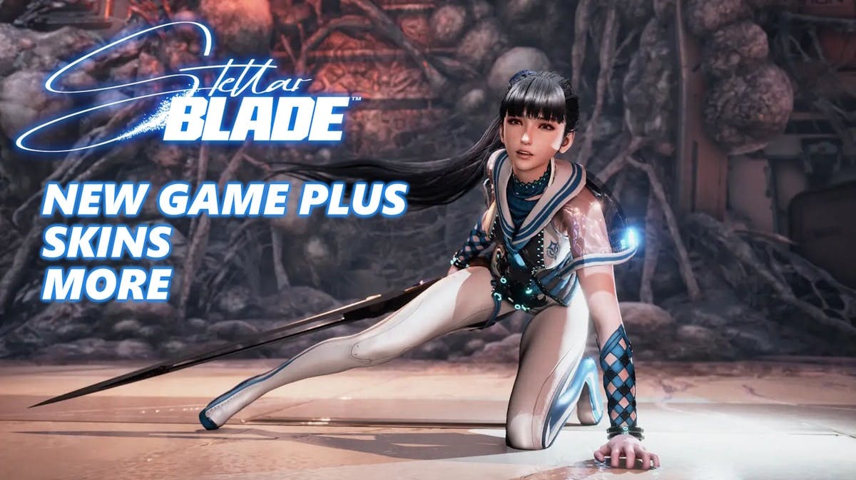 stellar blade new game plus, stellar blade skins, stellar blade launch, stellar blade, key art of stellar blade featuring eve with the game logo on the left side and the words new game plus skins more under it