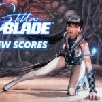 stellar blade review scores, stellar blade review, stellar blade, stellar blade scores, an image of Eve from stellar blade with the game logo in one corner and the words review scores under it
