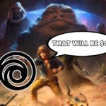 star wars outlaws jabba hutt, jabba the hutt mission, star wars outlaws jabba, star wars outlaws, a blurred key art of star wars outlaws featuring jabba the hutt with the ubisoft logo in front with a speech bubble that reads that will be $40