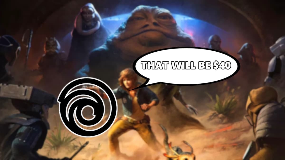 star wars outlaws jabba hutt, jabba the hutt mission, star wars outlaws jabba, star wars outlaws, a blurred key art of star wars outlaws featuring jabba the hutt with the ubisoft logo in front with a speech bubble that reads that will be $40