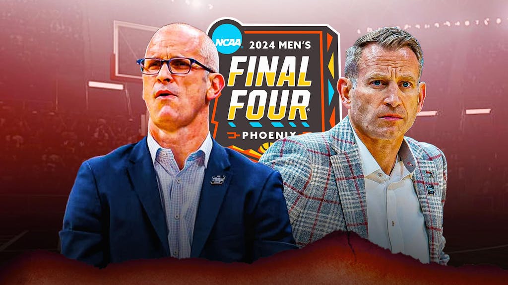 UConn basketball, Final Four, Huskies, Alabama basketball, March Madness, Dan Hurley and Nate Oats with men’s final four logo in background
