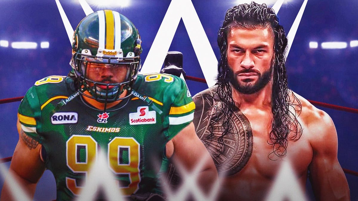 Joe Anoa'i in his football pads next to Roman Reigns with the WWE logo as the background.