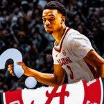 Rylan Griffen (Alabama basketball) shooting a ball but replace the ball with a big question mark