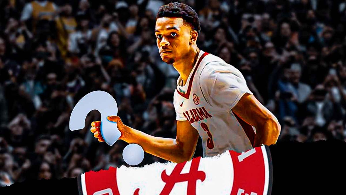 Rylan Griffen (Alabama basketball) shooting a ball but replace the ball with a big question mark