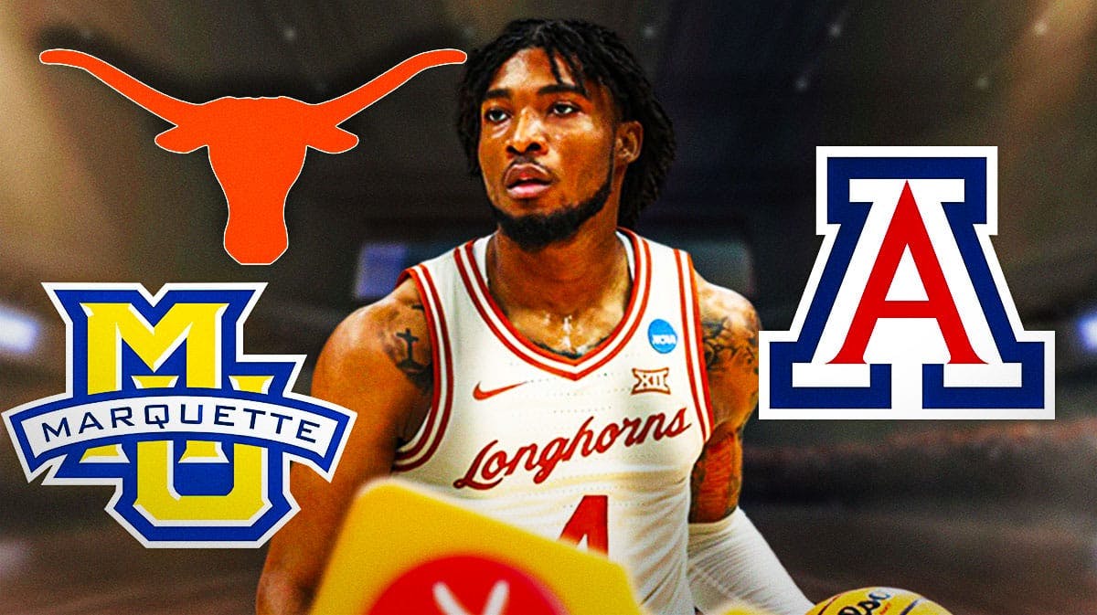 Tyrese Hunter with Marquette, Arizona, and Texas logos around him